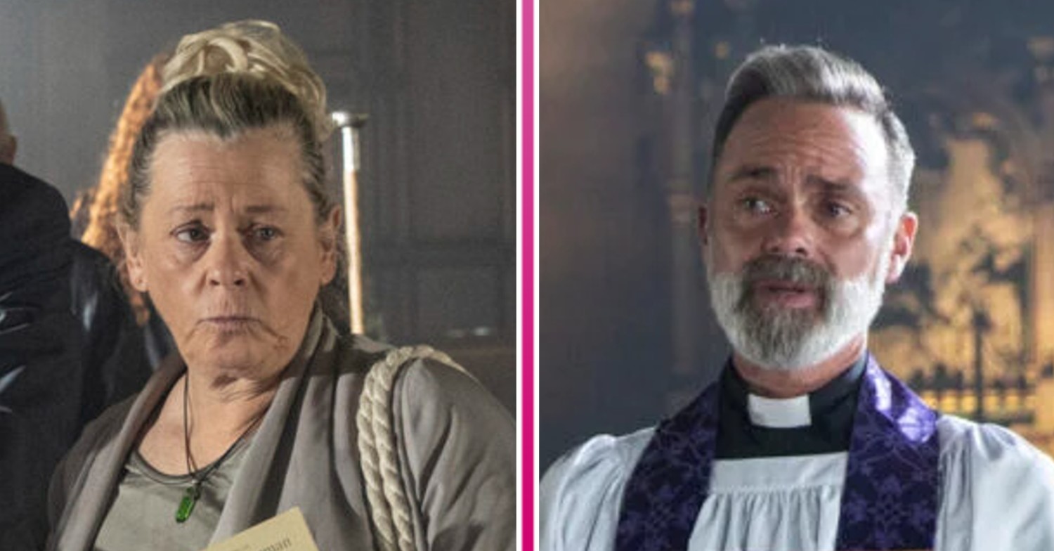 Billy and Bernie look serious at Paul's funeral Corrie