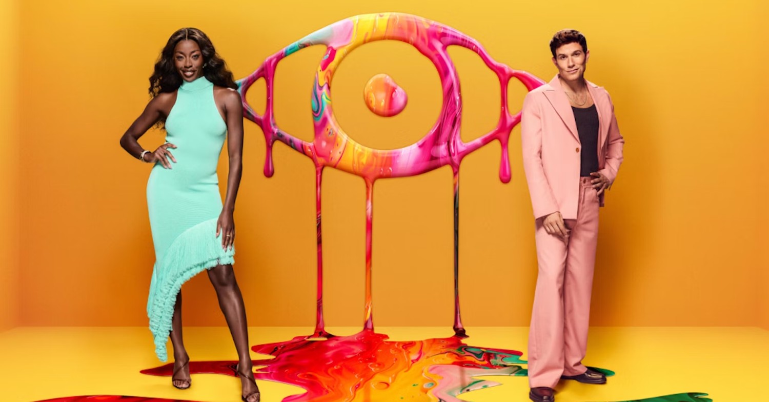 AJ Odudu and Will Best in front of Big Brother eye logo