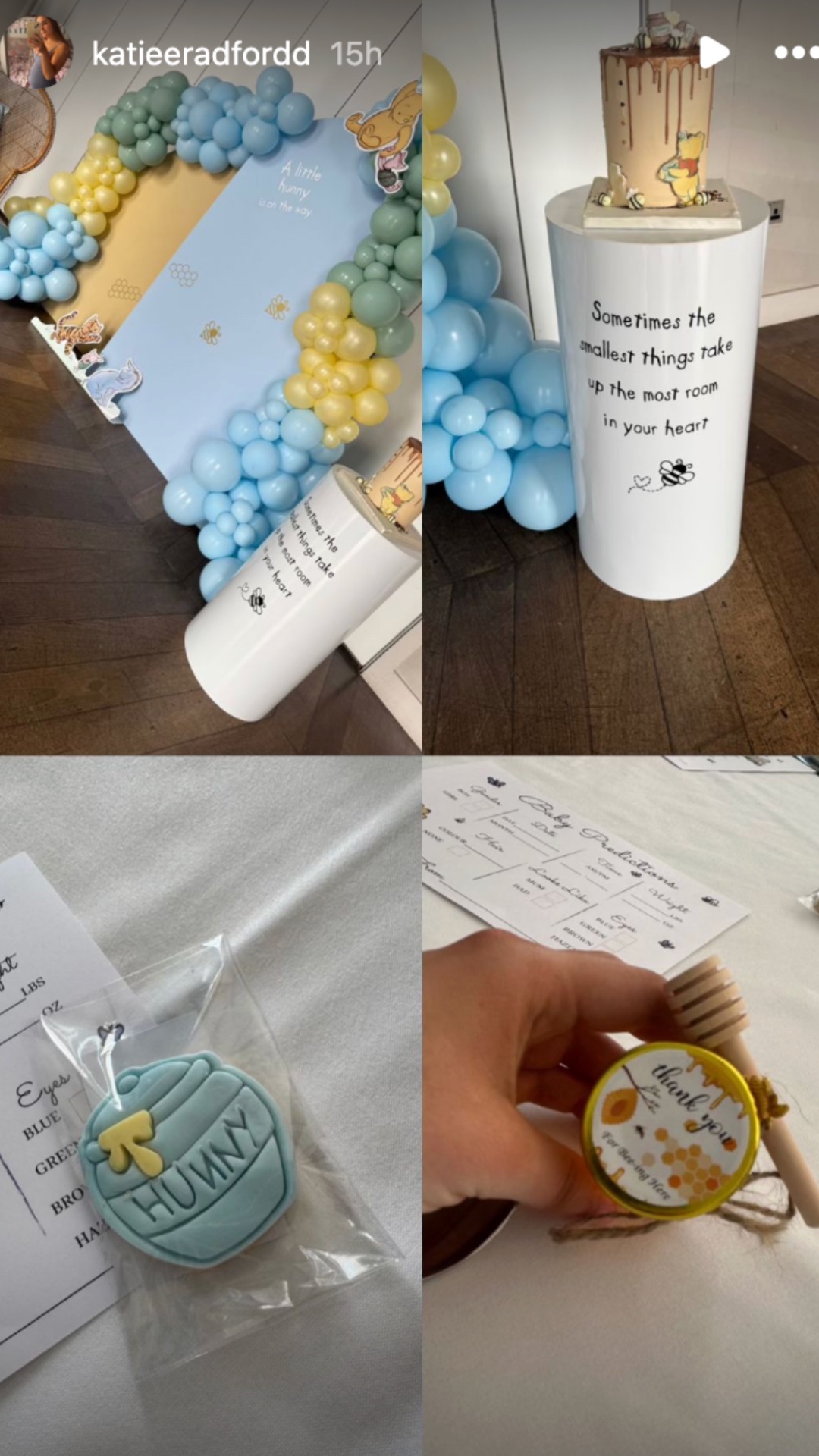 Katie Radford's baby shower collage featuring balloons, a blue back-drop, Winnie the Pooh cake, honeypot part favours and personalised biscuits.