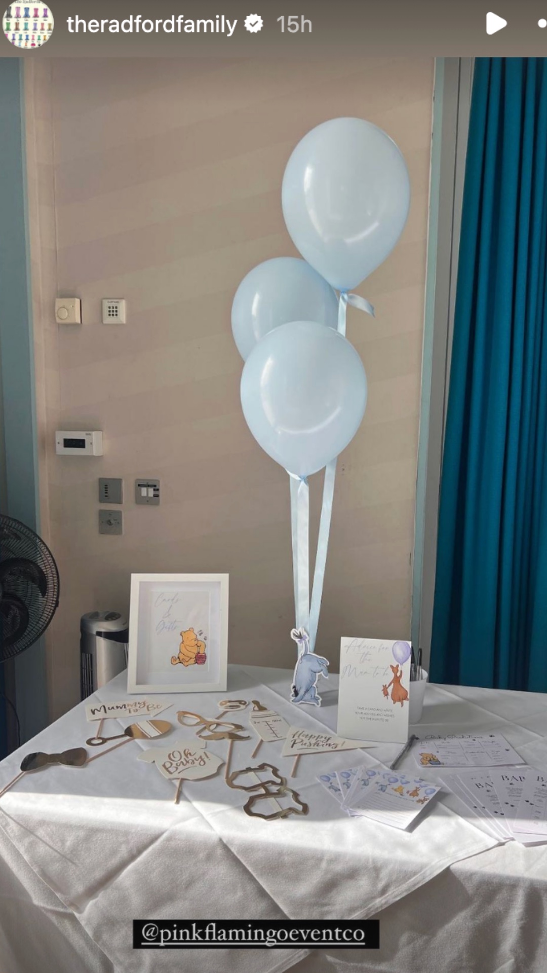 katie radford's baby shower, blue balloons and table spread
