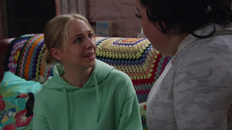 Belle looks terrified in Emmerdale
