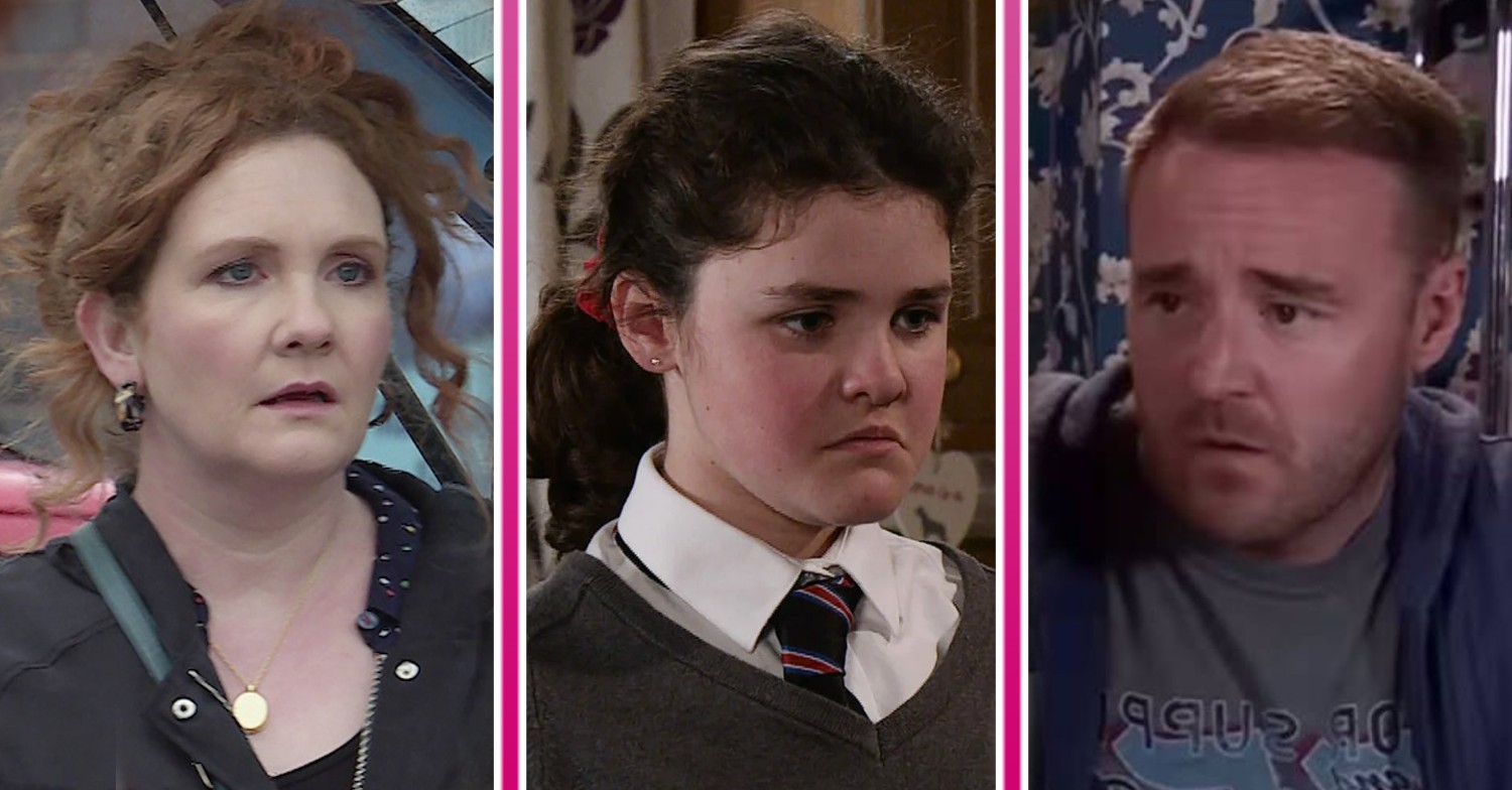 Fiz, Hope and Tyrone look serious in Coronation Street