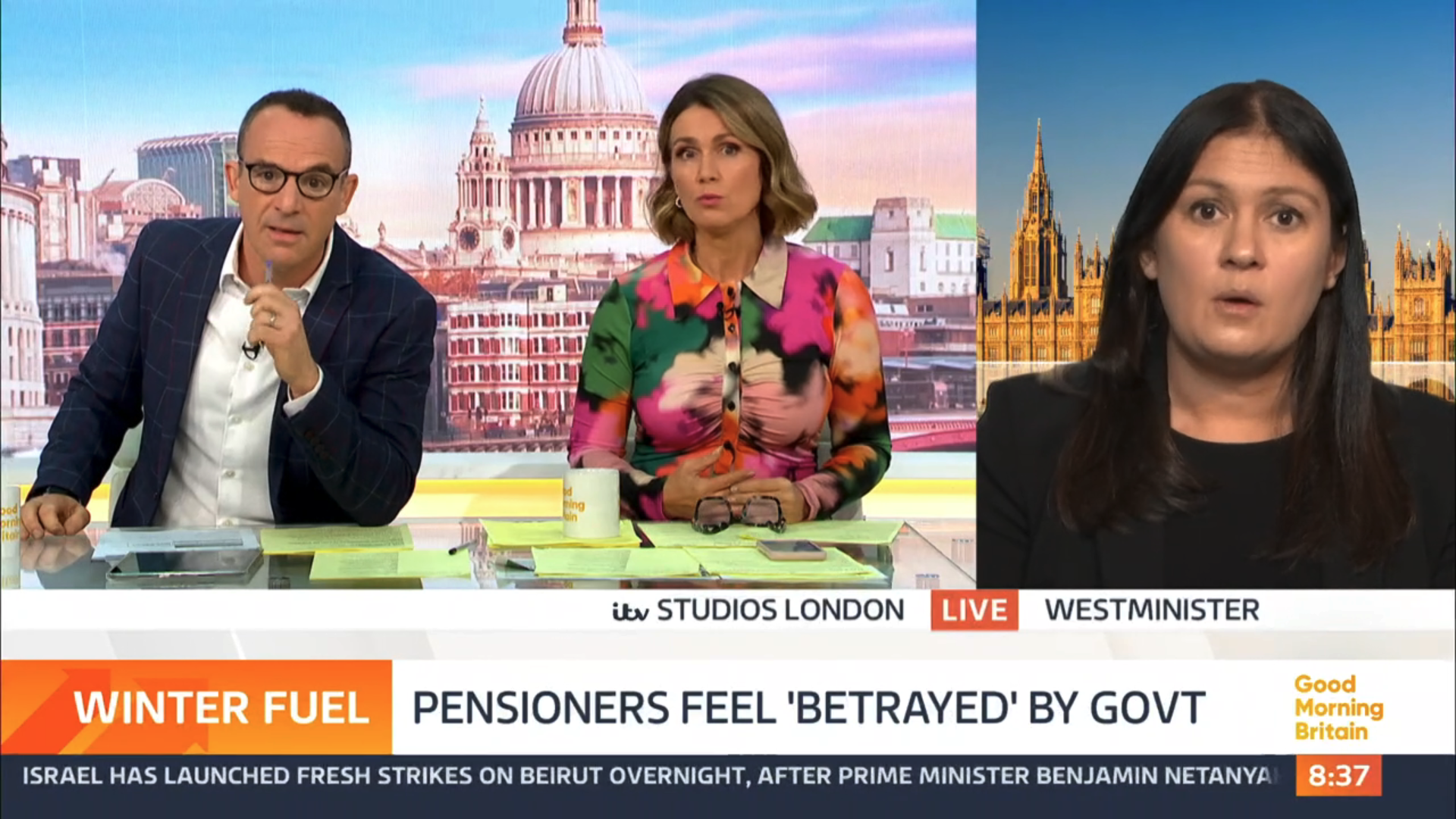 Martin Lewis looking furious on Good Morning Britain while interviewing Lisa Nandy