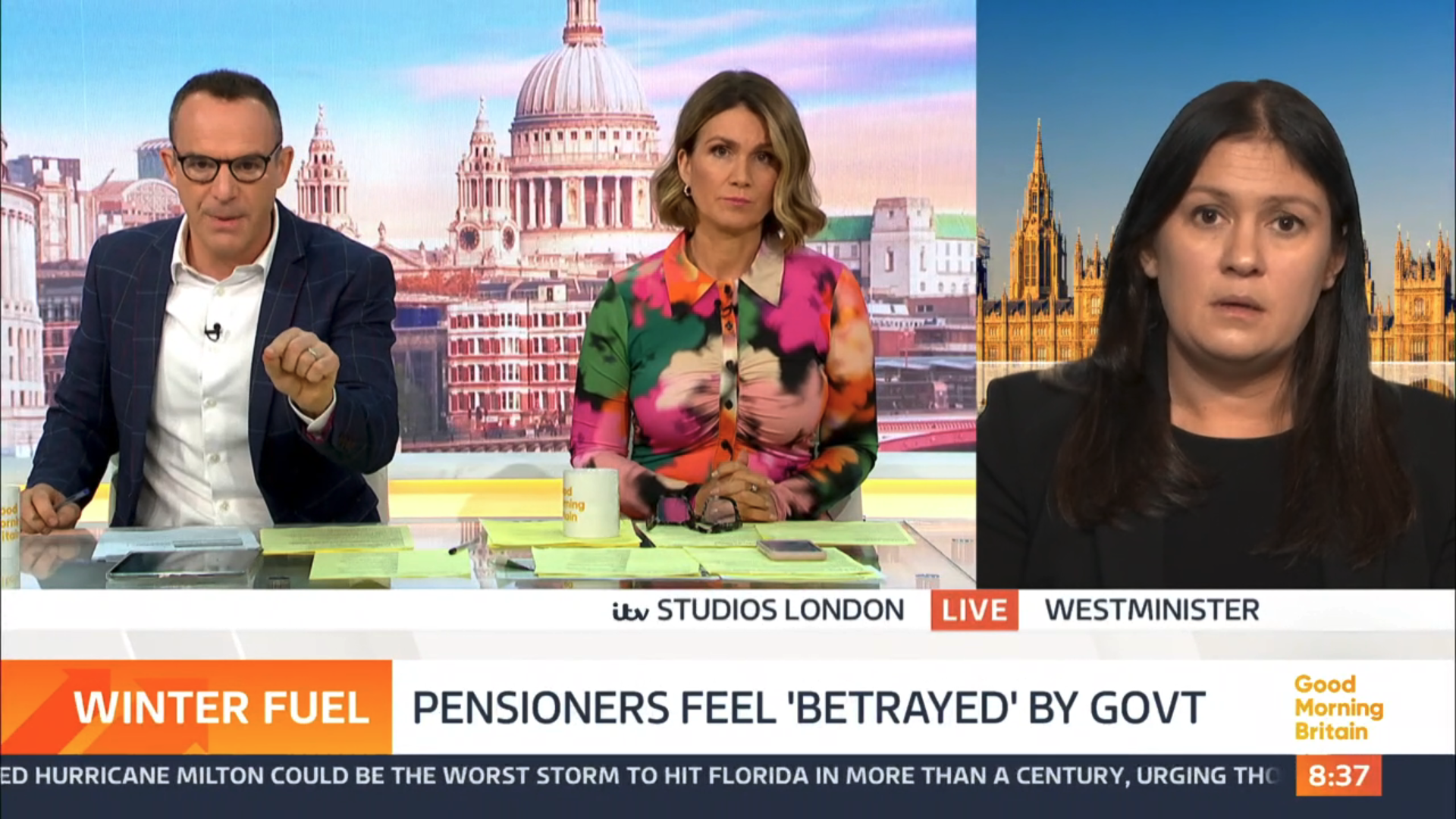 Martin Lewis looking furious on Good Morning Britain while interviewing Lisa Nandy