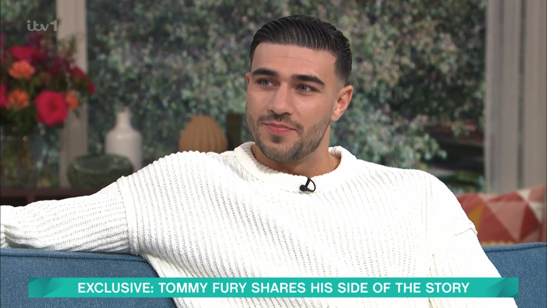 Tommy Fury in a white jumper on This Morning