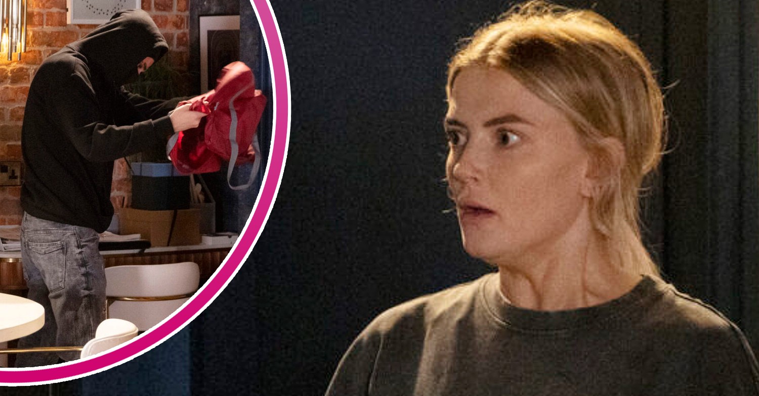 Bethany Platt looking scared and a masked intruder inset