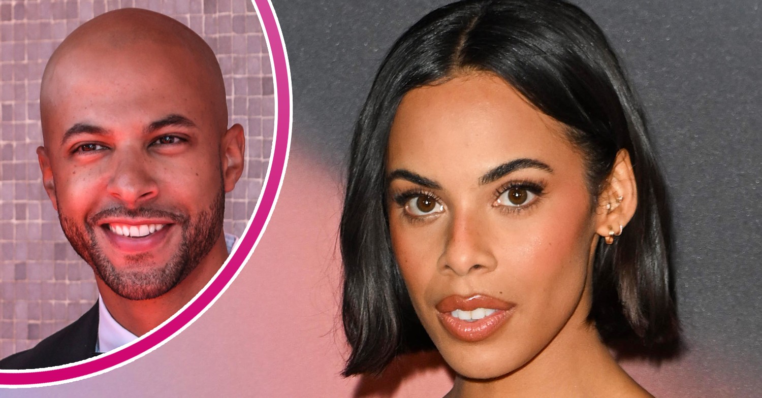 Rochelle Humes looking into the camera with husband Marvin smiling inset