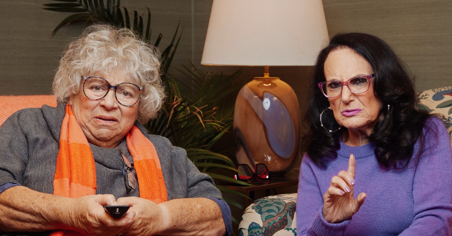 Miriam Margolyes pulling a face with Lesley Joseph on Celebrity Gogglebox