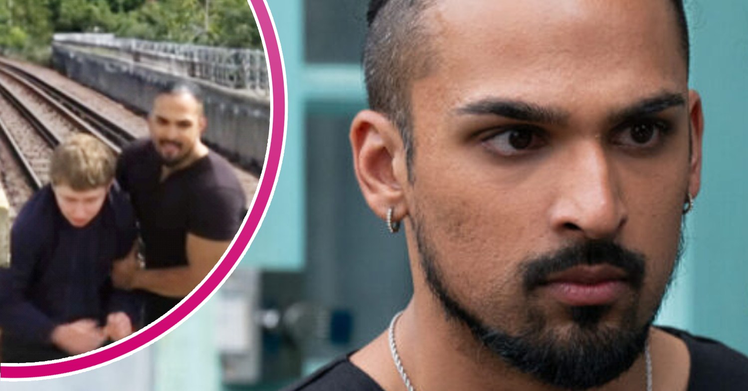 EastEnders' Ravi, and in a bubble are Ravi and Barney on a train track