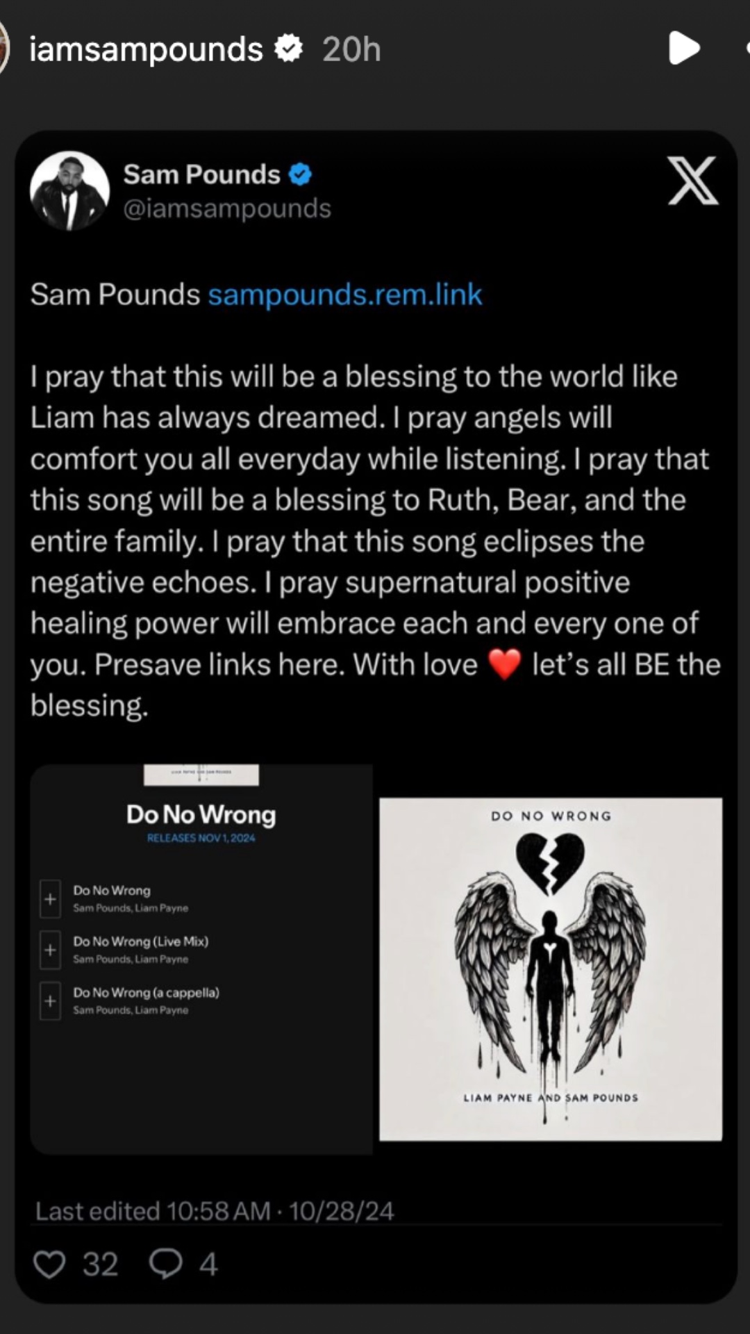 Sam Pounds post to social media advertising new Liam Payne song