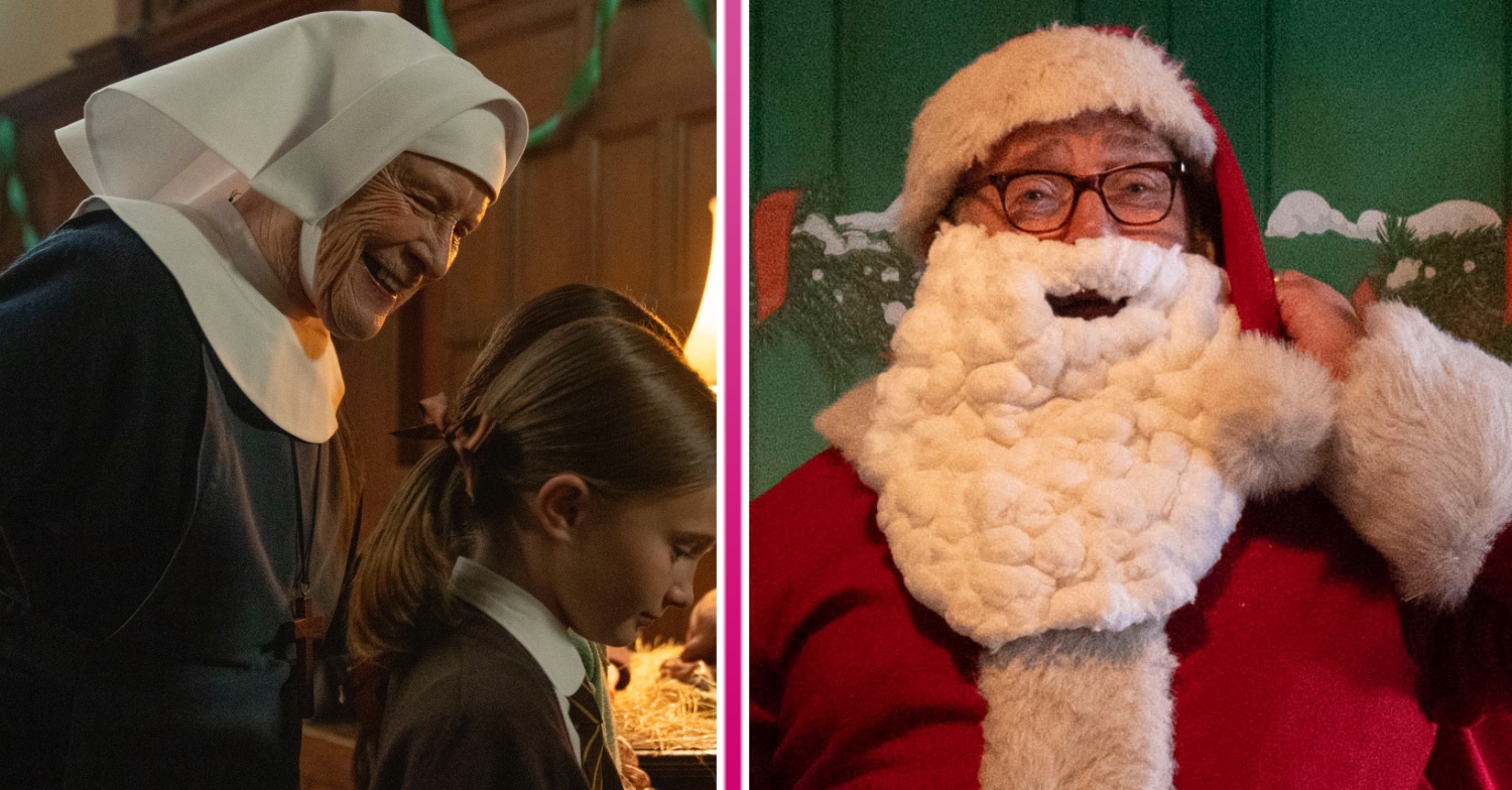 Sister Monica Joan and Angela Turner and Fred Buckle dressed as Santa on Call the Midwife