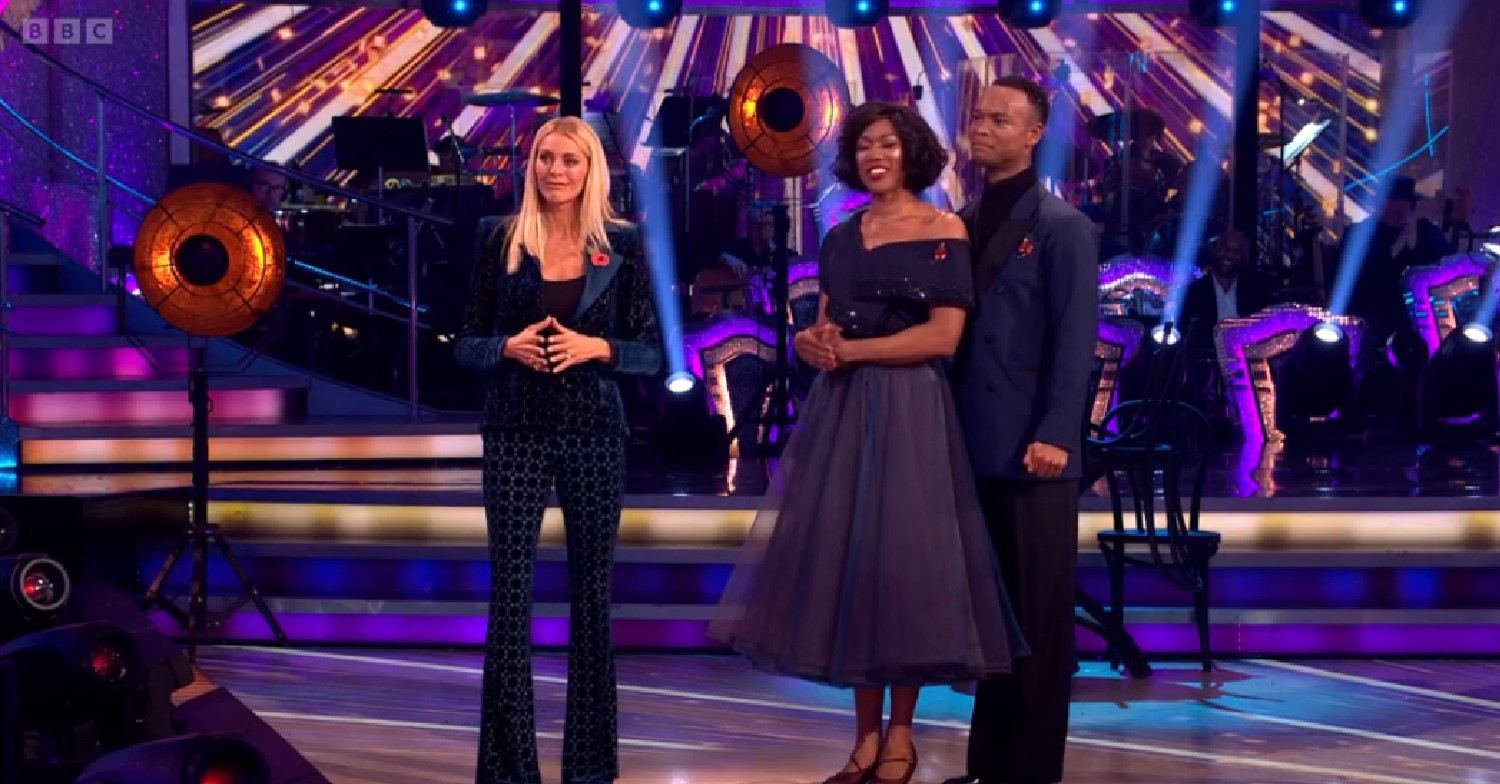 Tess Daly alongside Montell Douglas and Johannes Radebe on Strictly