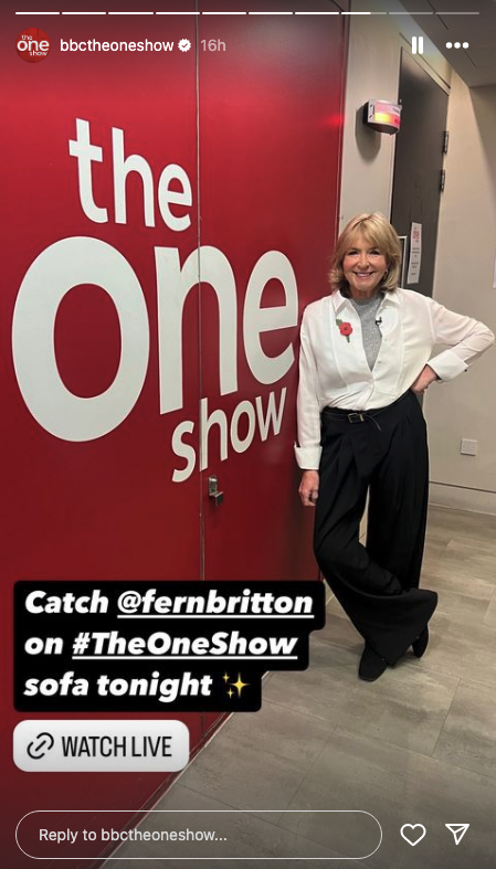 Fern Britton standing next to The One Show logo