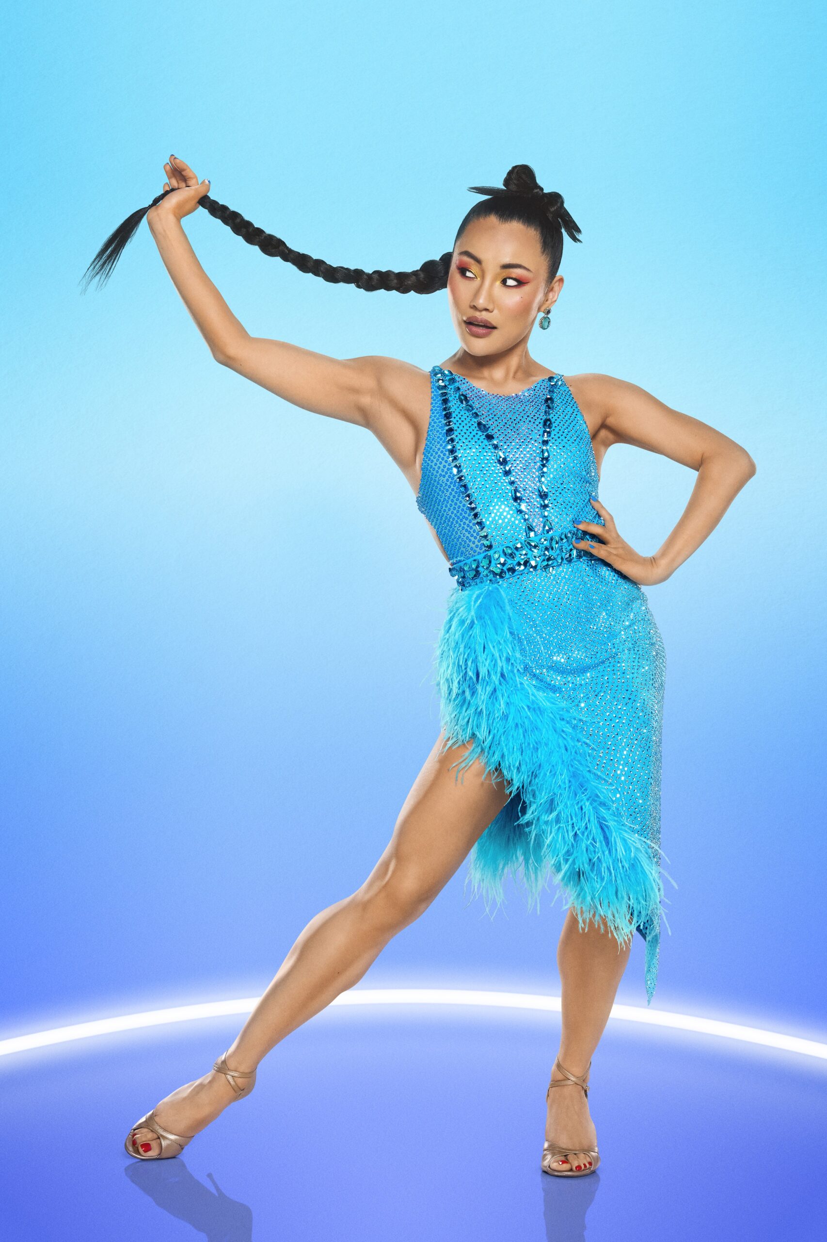 Nancy Xu in blue dress posing in Strictly press image