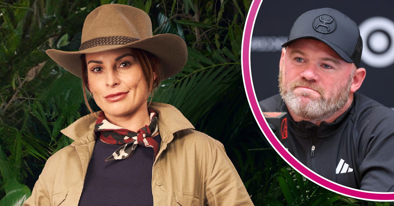 ED composite of Coleen Rooney smiling in I'm A Celebrity 2024 promo pic and Wayne Rooney looking glum