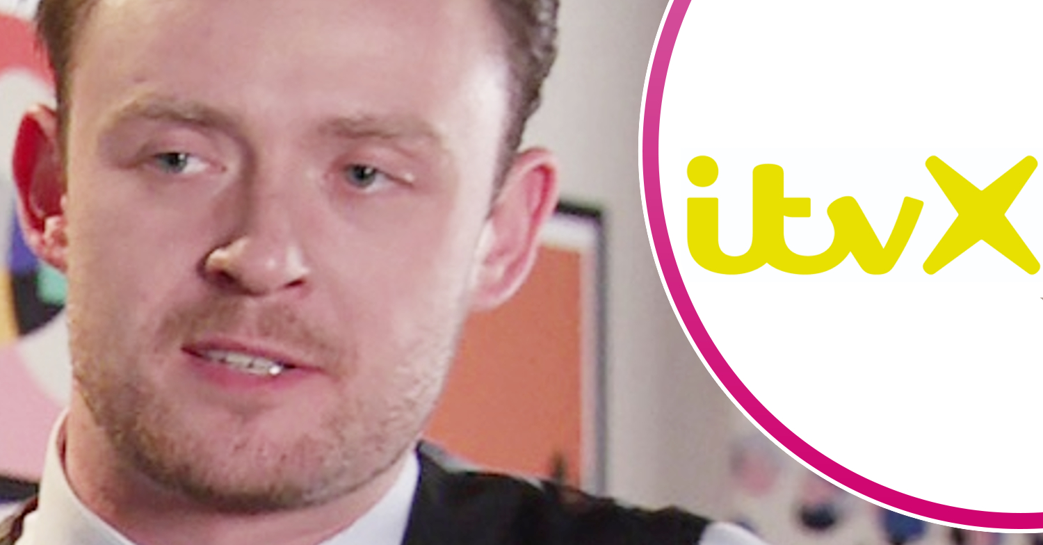 Coronation Street's Joel, and in a bubble is the ITVX logo