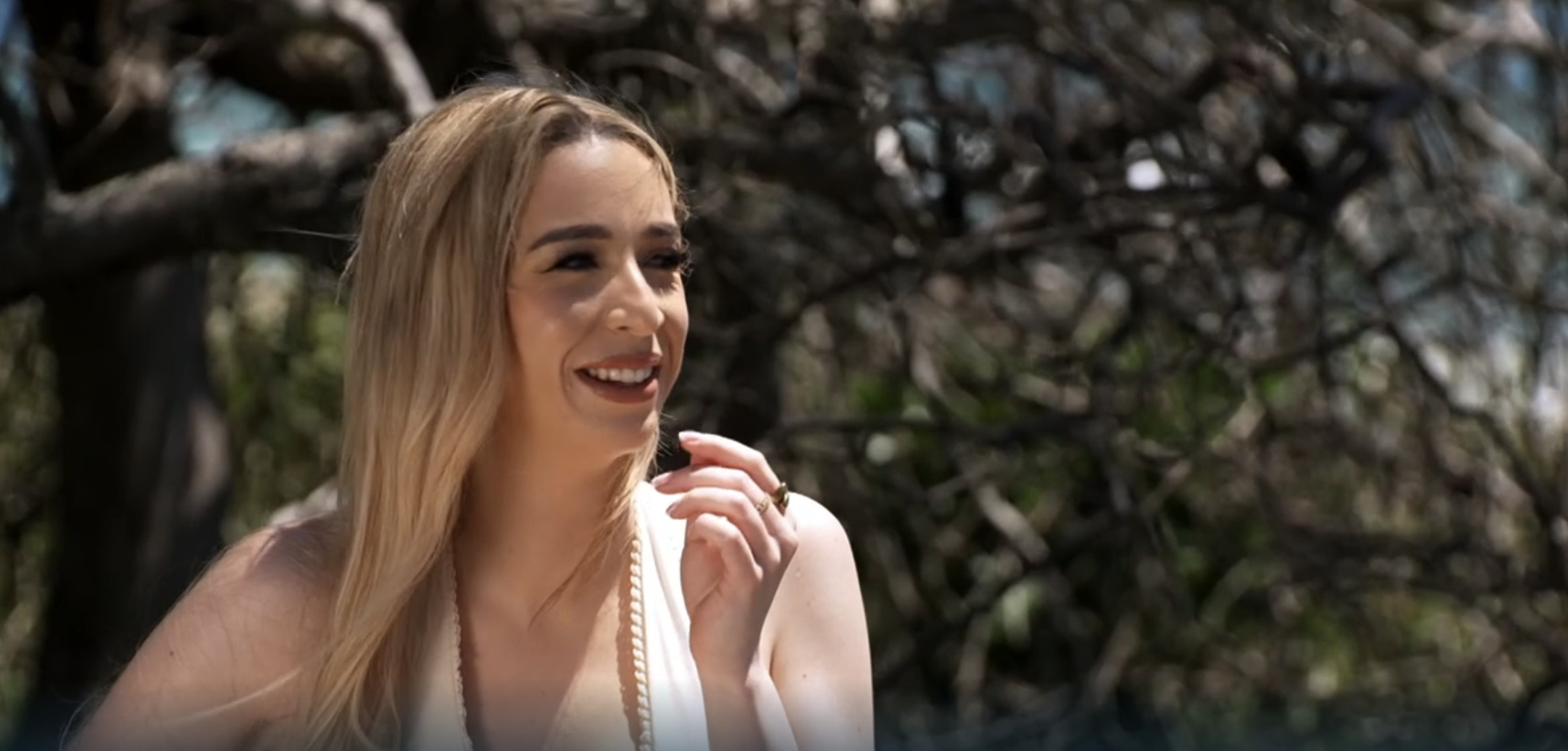 GK Barry with the sun on her face, on the set of I'm A Celebrity