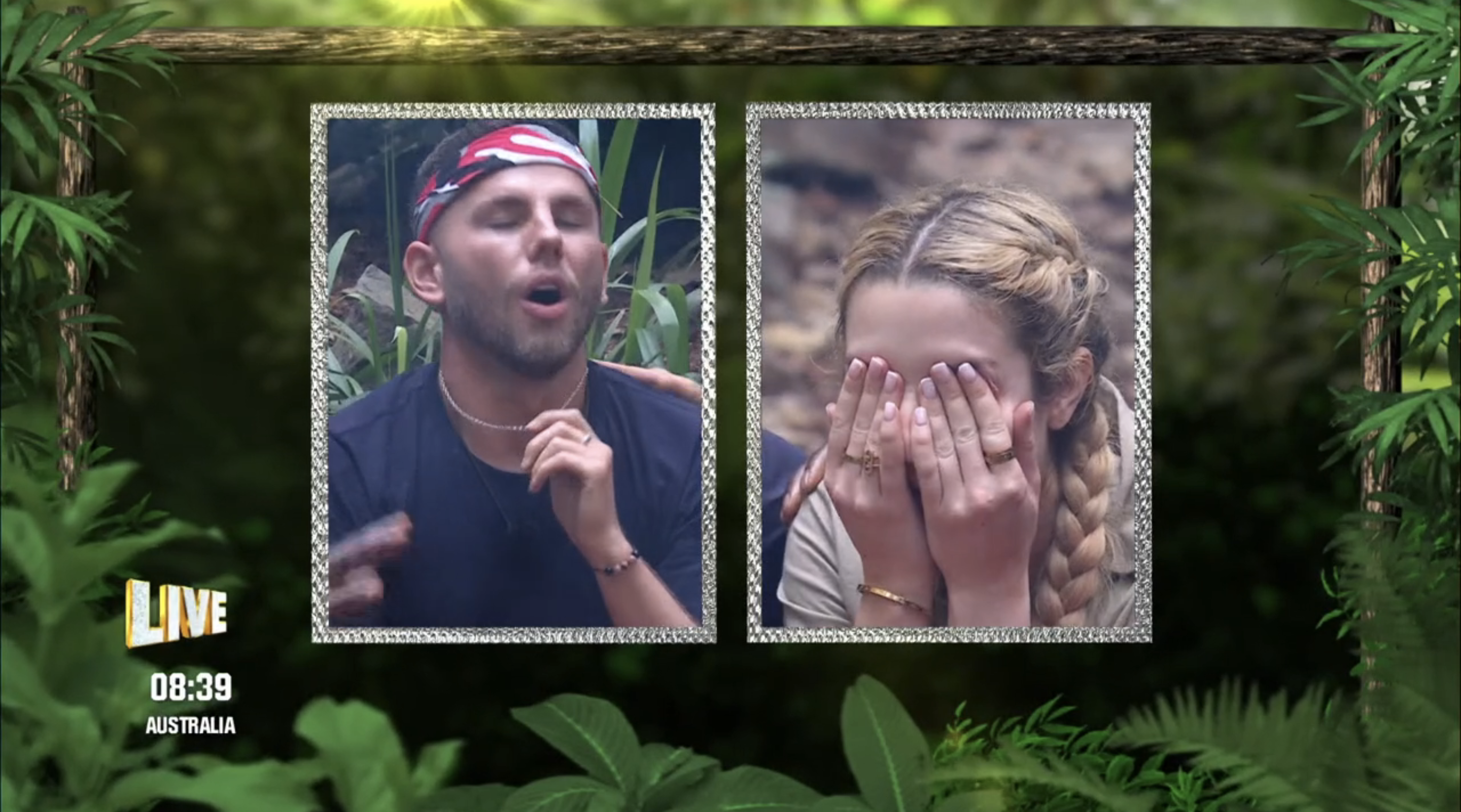 GK Barry and Dean McCullough side by side at the moment they discover who will do the first Bushtucker Trial