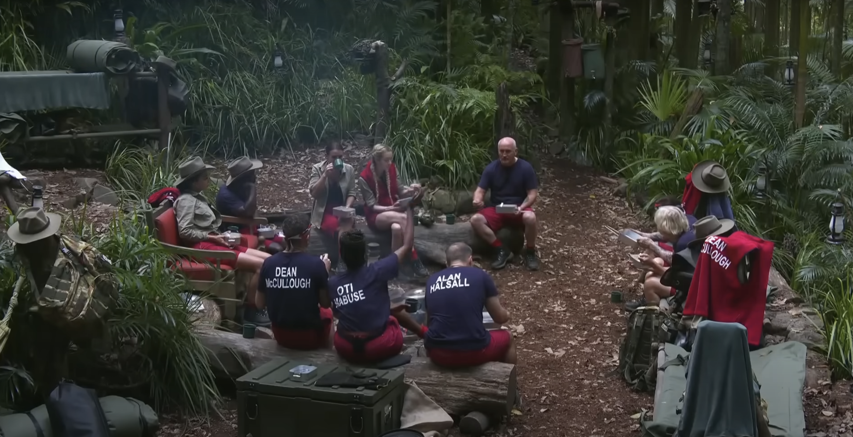 The full I'm A Celebrity cast eat and talk on one of the first evenings in the camp