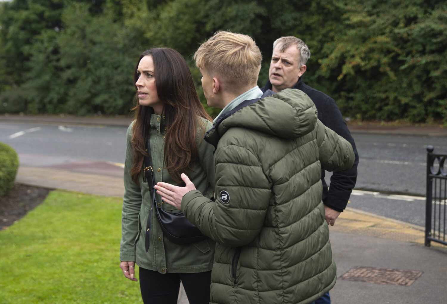 Max, Steve and Shona argue outside the prison on Corrie 