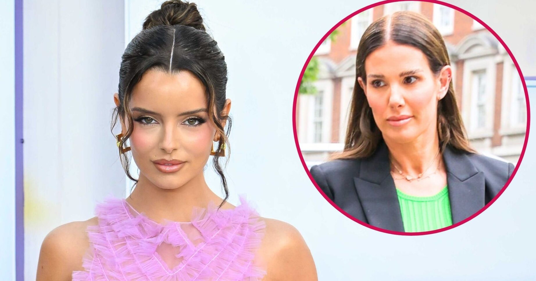 ED! composite of Maura Higgins posing in purple dress at event and Rebekah Vardy outside court in suit