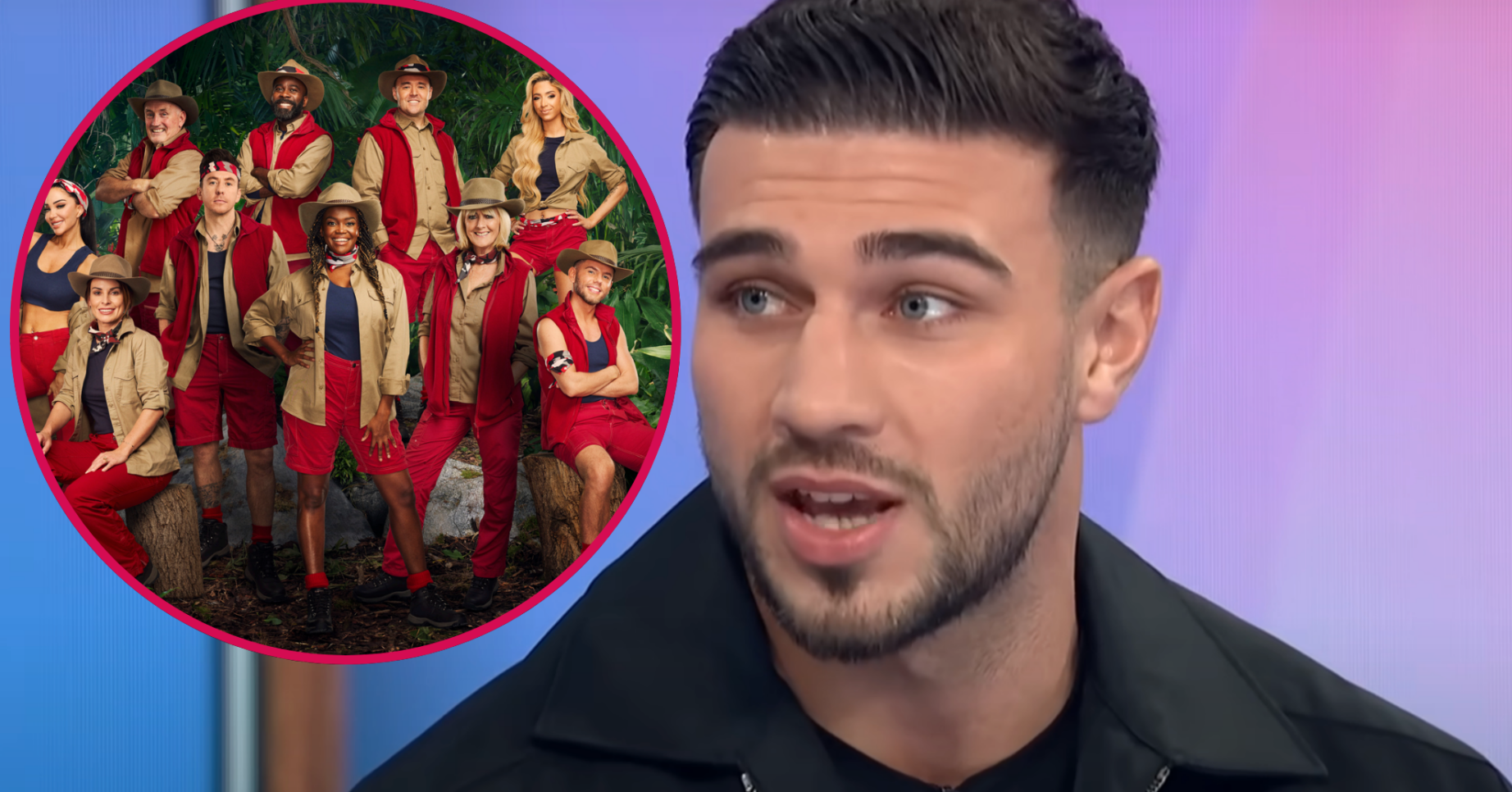 Tommy Fury on Loose Women talking about I'm A Celebrity, with an image of the 2024 cast overlaid