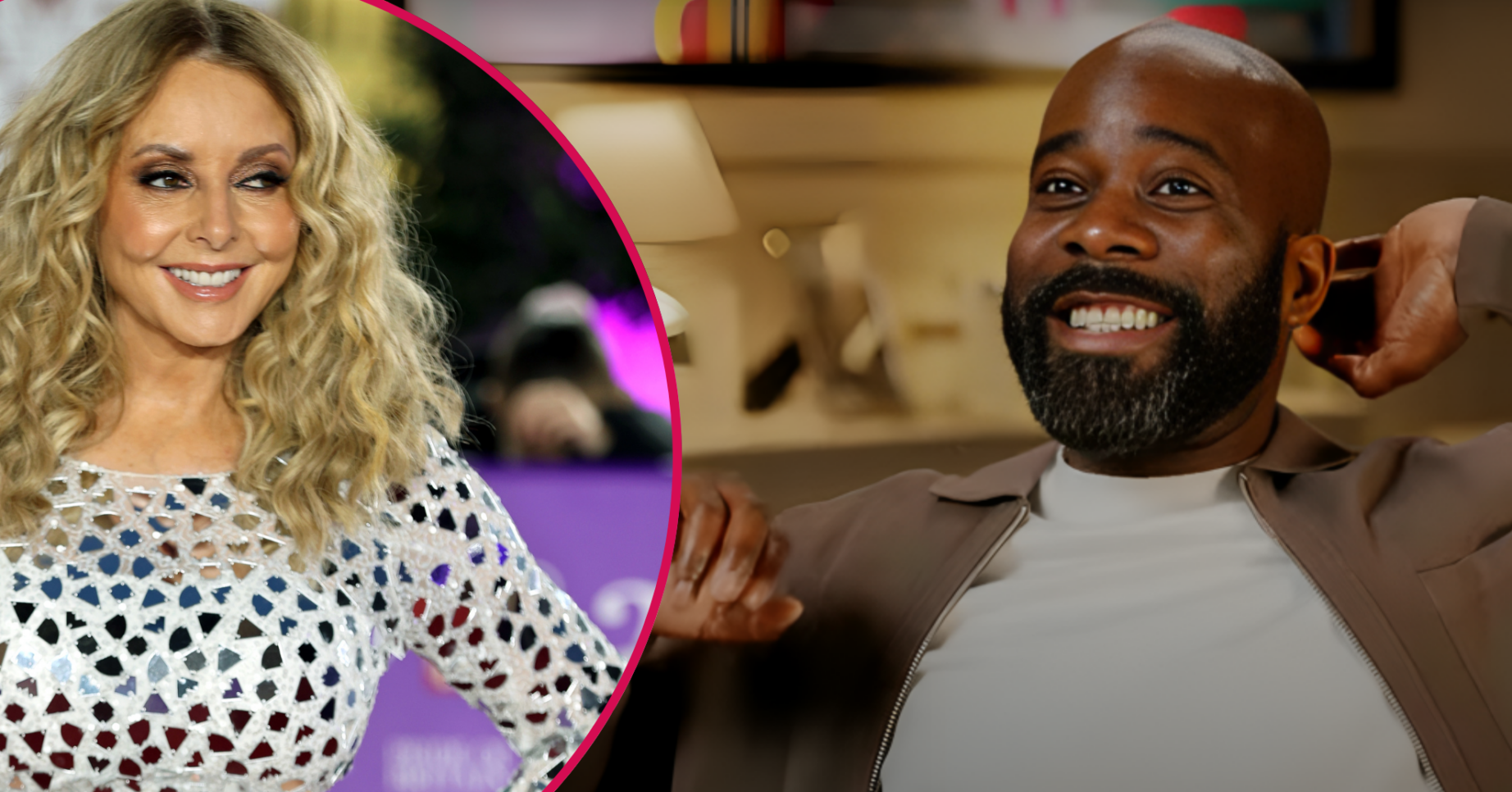 Split image: on the left Carol Vorderman is in an evening gown with long curled blonde hair. On the left Melvin Odoom wears a white tee and brown shirt, he is smiling and raising his hands to his head