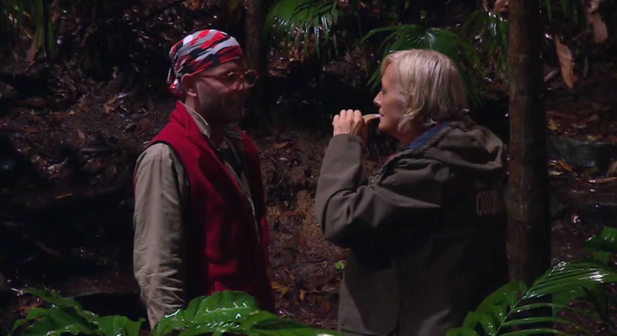 Dean McCullough and Jane Moore talking in the jungle on I'm A Celebrity