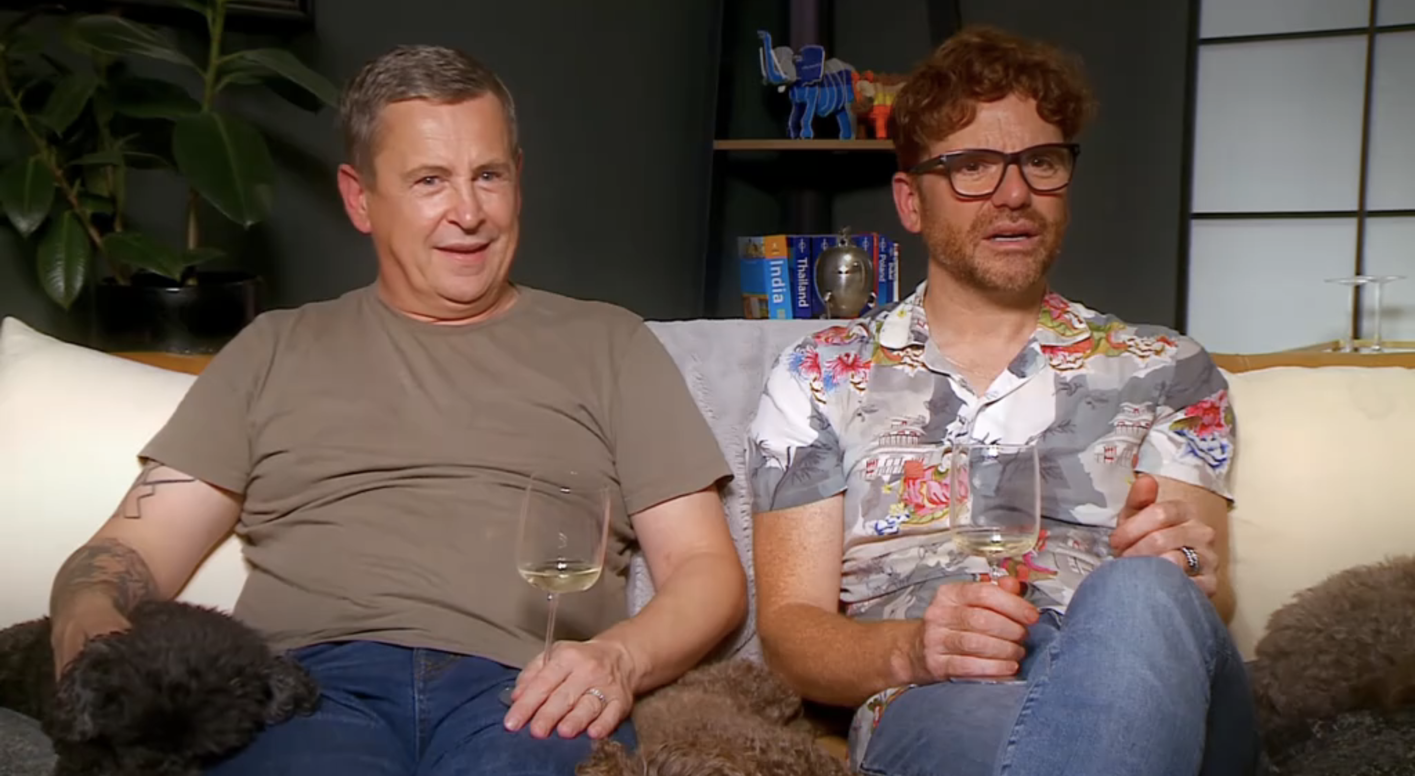 Stephen and Daniel on their sofa for Gogglebox