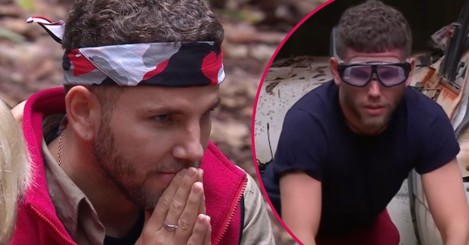 ED! composite of Dean McCullough praying with his hands and during trial on I'm A Celebrity