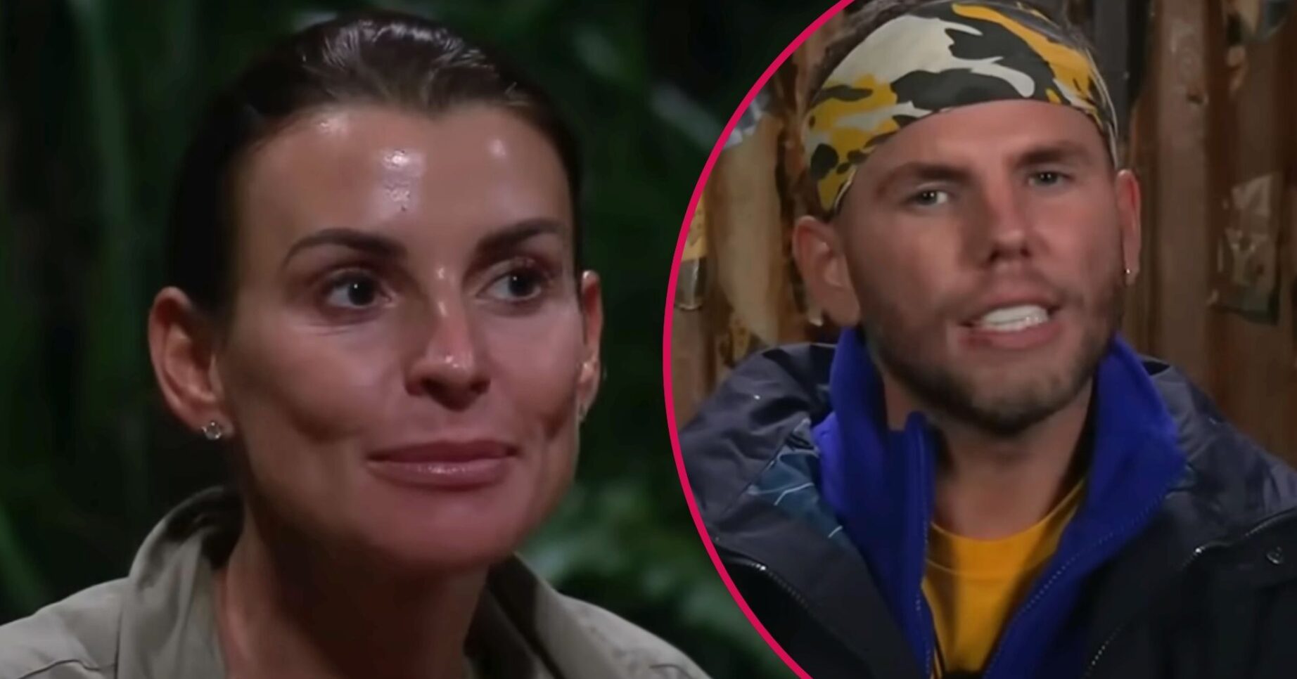 ED! composite of Coleen Rooney smiling and Dean McCullough in Bush Telegraph on I'm A Celebrity