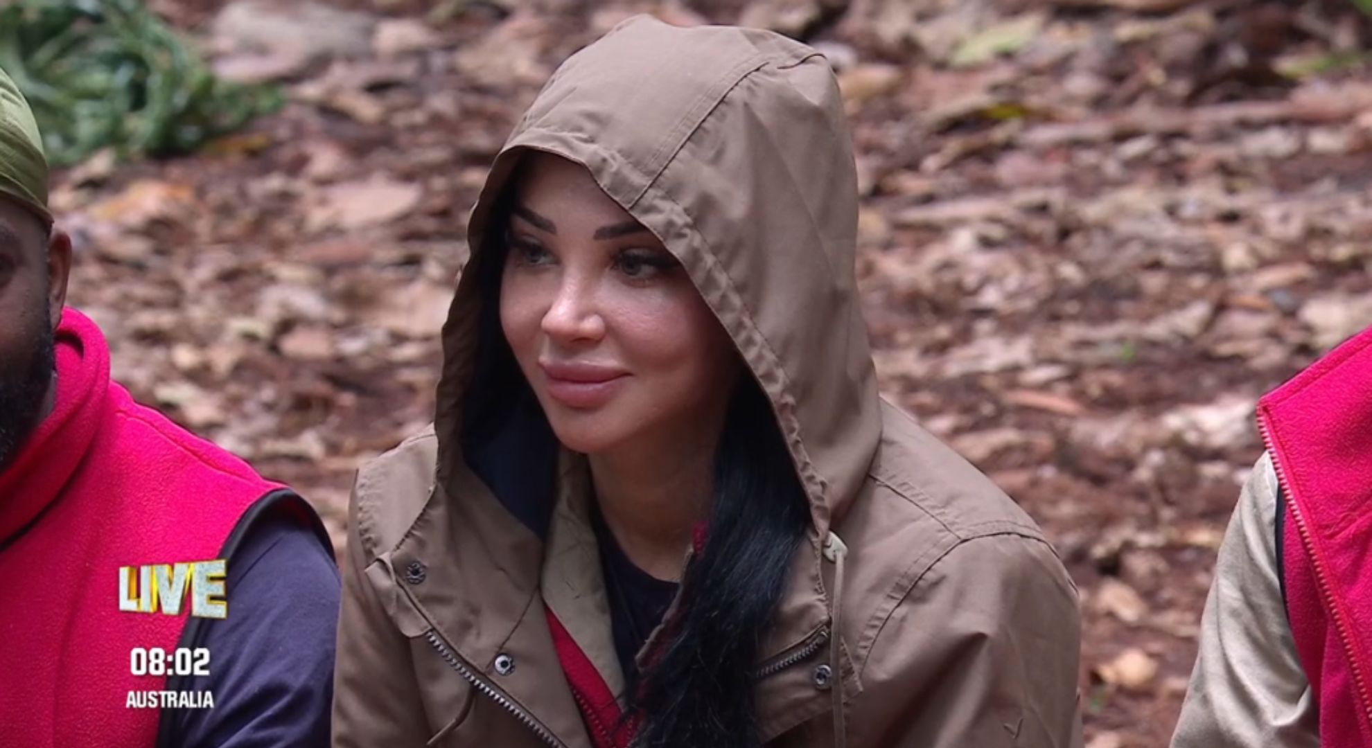 Tulisa Contostavlos with her hood up on I'm A Celebrity