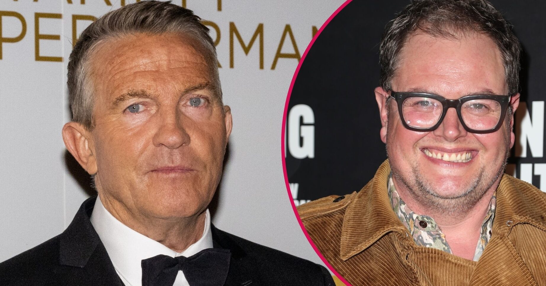 ED! composite of Bradley Walsh in black tux at event and Alan Carr smiling