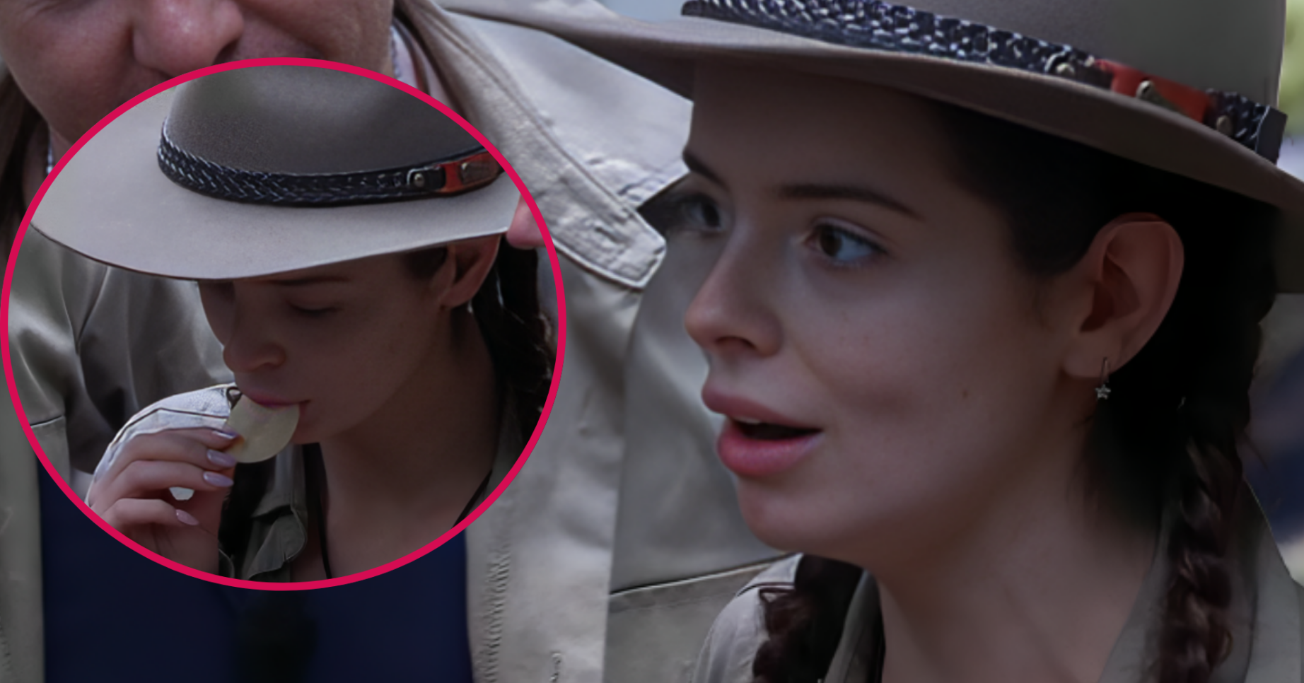 Maura Higgins received a disappointing birthday gift from the I'm a Celebrity bosses. Split image: On the right, Maura looks shocked at recieving a birthday gift, in the circle she digs into her two Pringles.