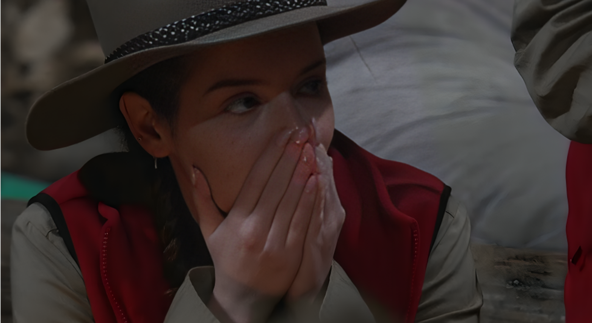 I'm A Celebrity Alan Halsall Maura Higgins covers her mouth with her hands in shock when finding out birthday twist.