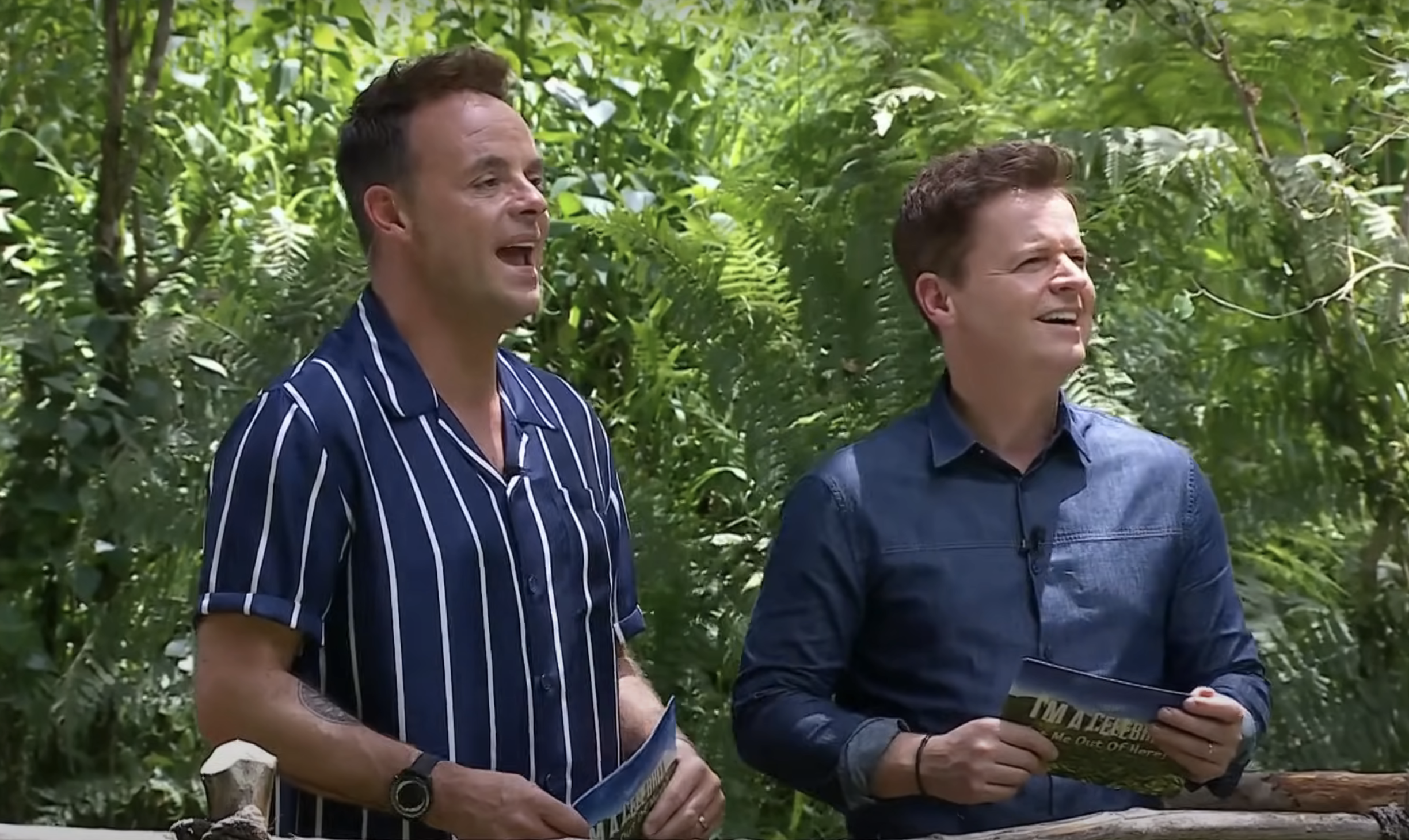 Ant and Dec in civvies while Dean climbs the ladder in his clown outfit