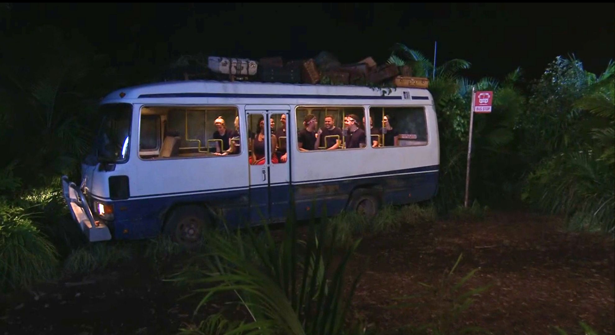 A bus in the I'm A Celebrity jungle with all the campmates on board