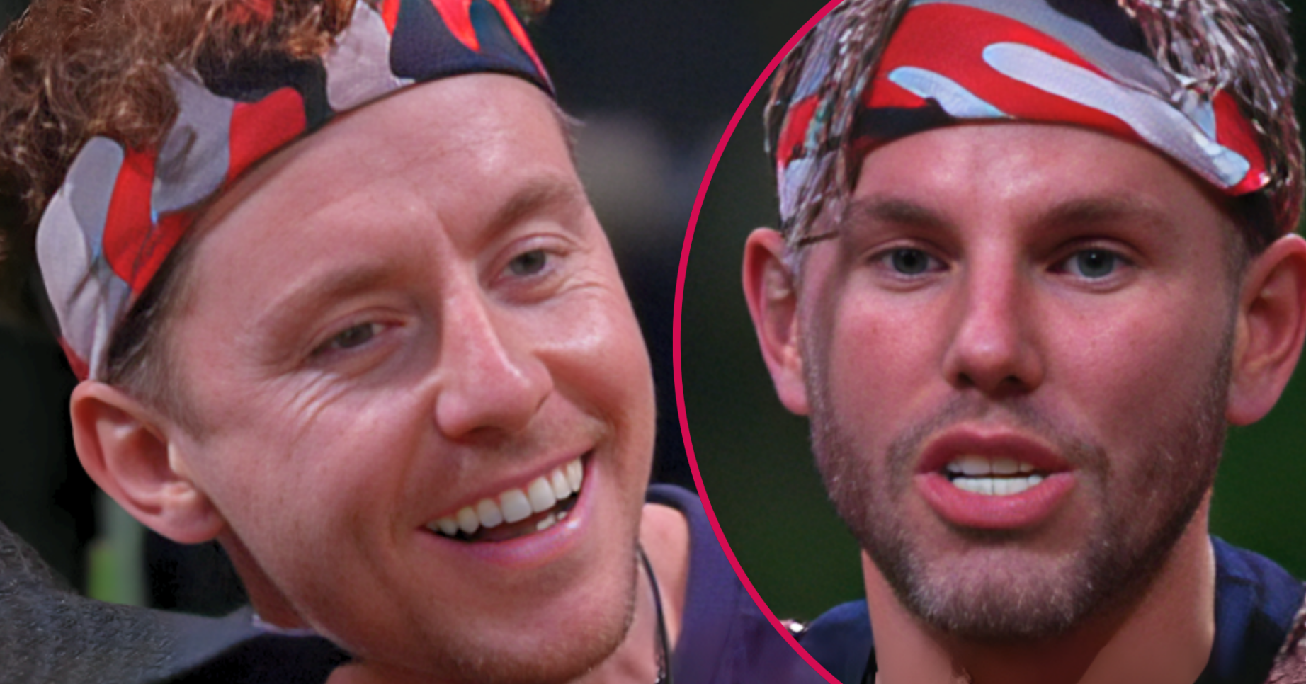 Split Image: Left Danny Jones is laughing and singing in a close up shot. Right, Dean is also singing with a bandana wrapped around his head.