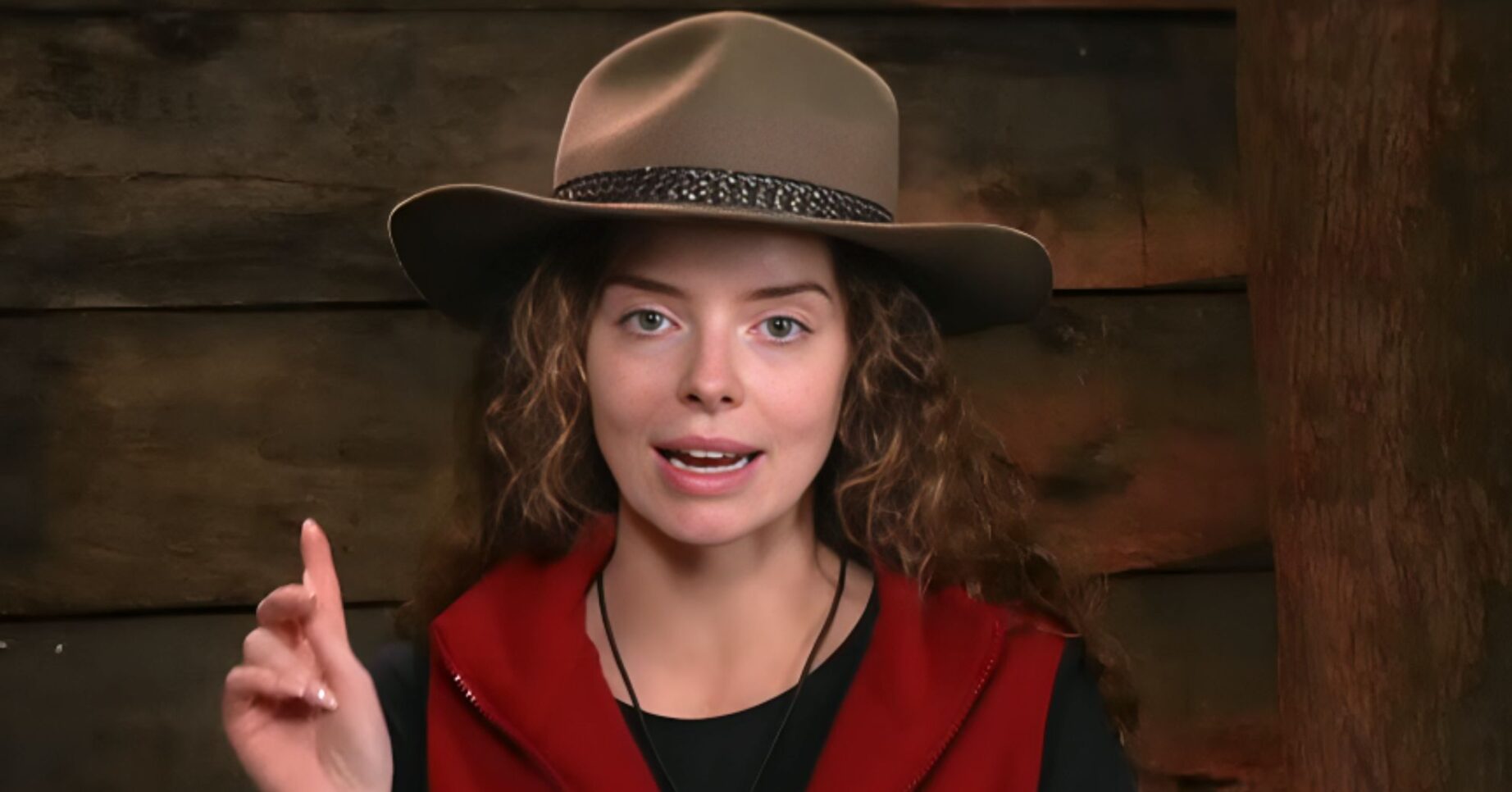 Maura Higgins points her finger in the air in Bush Telegraph on I'm A Celebrity