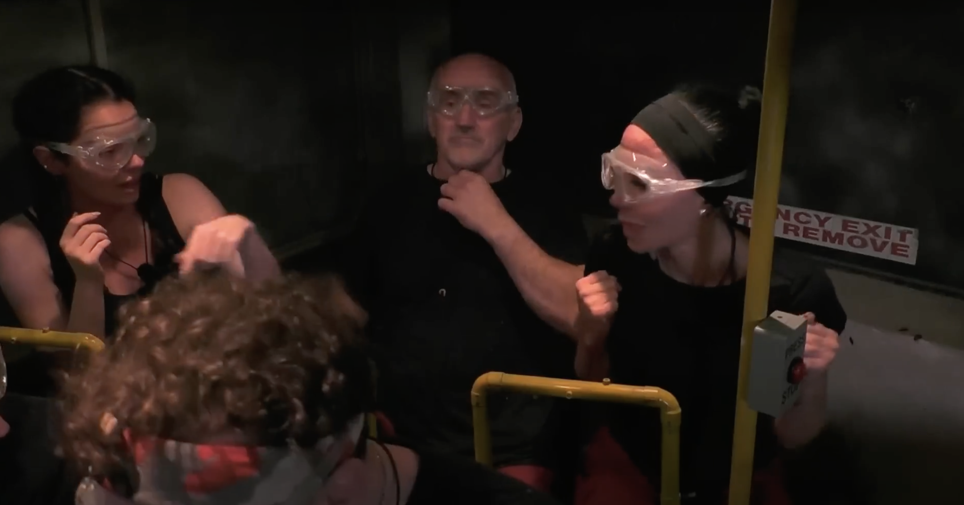 Maura Higgins, Barry McGuigan and Tulisa in bus on I'm a Celebrity