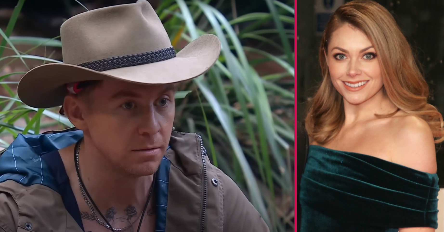 Danny Jones with emotional expression on I'm A Celeb beside his smiling wife Georgia
