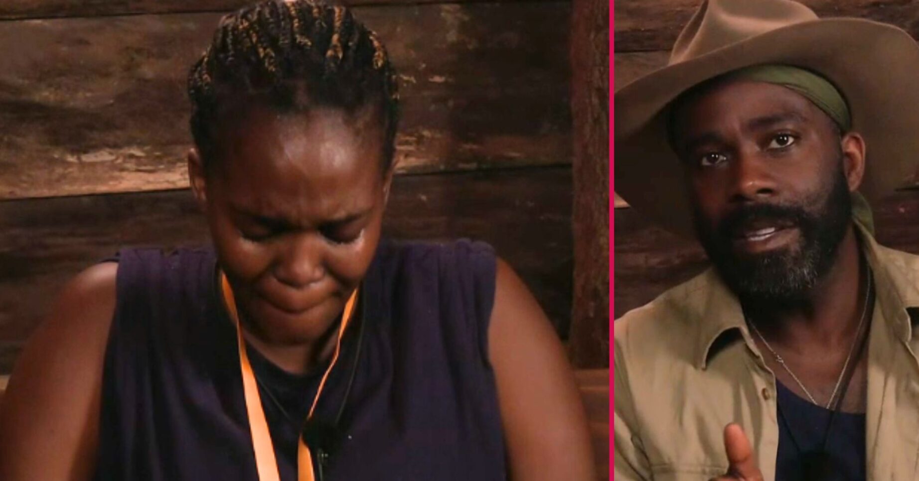 Oti Mabuse in tears and Melvin Odoom talking in Bush Telegraph on I'm A Celebrity