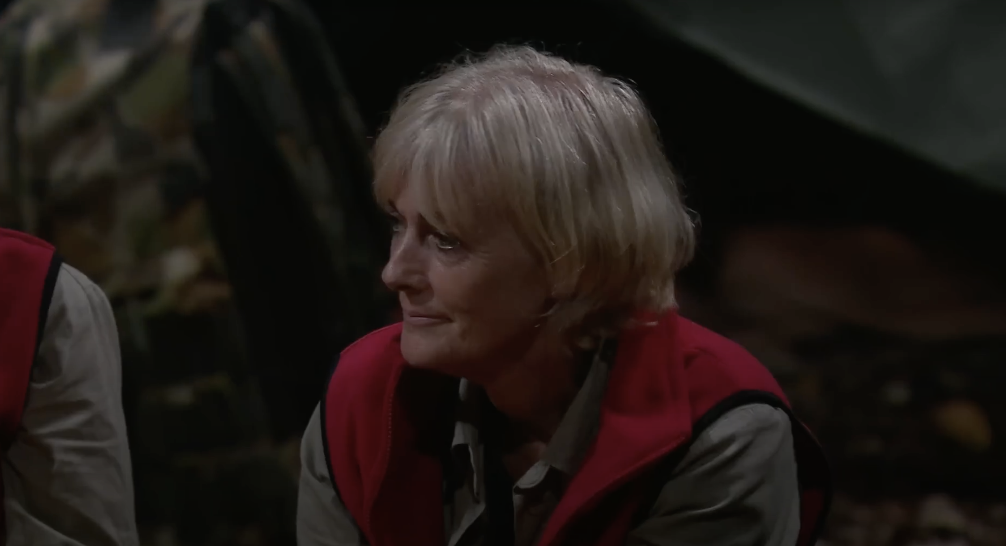 Jane Moore smiling in camp on I'm A Celebrity