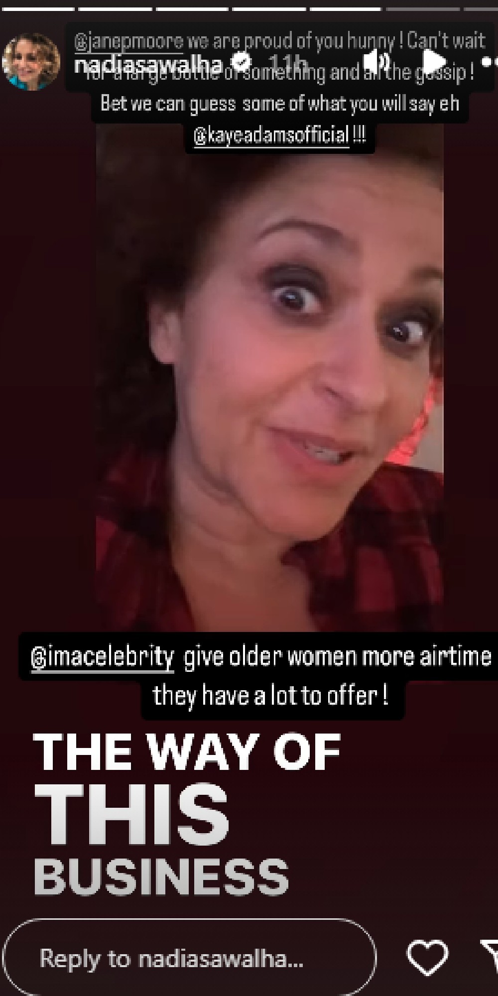 Nadia Sawalha speaking on her Instagram Story about Jane Moore and I'm A Celebrity