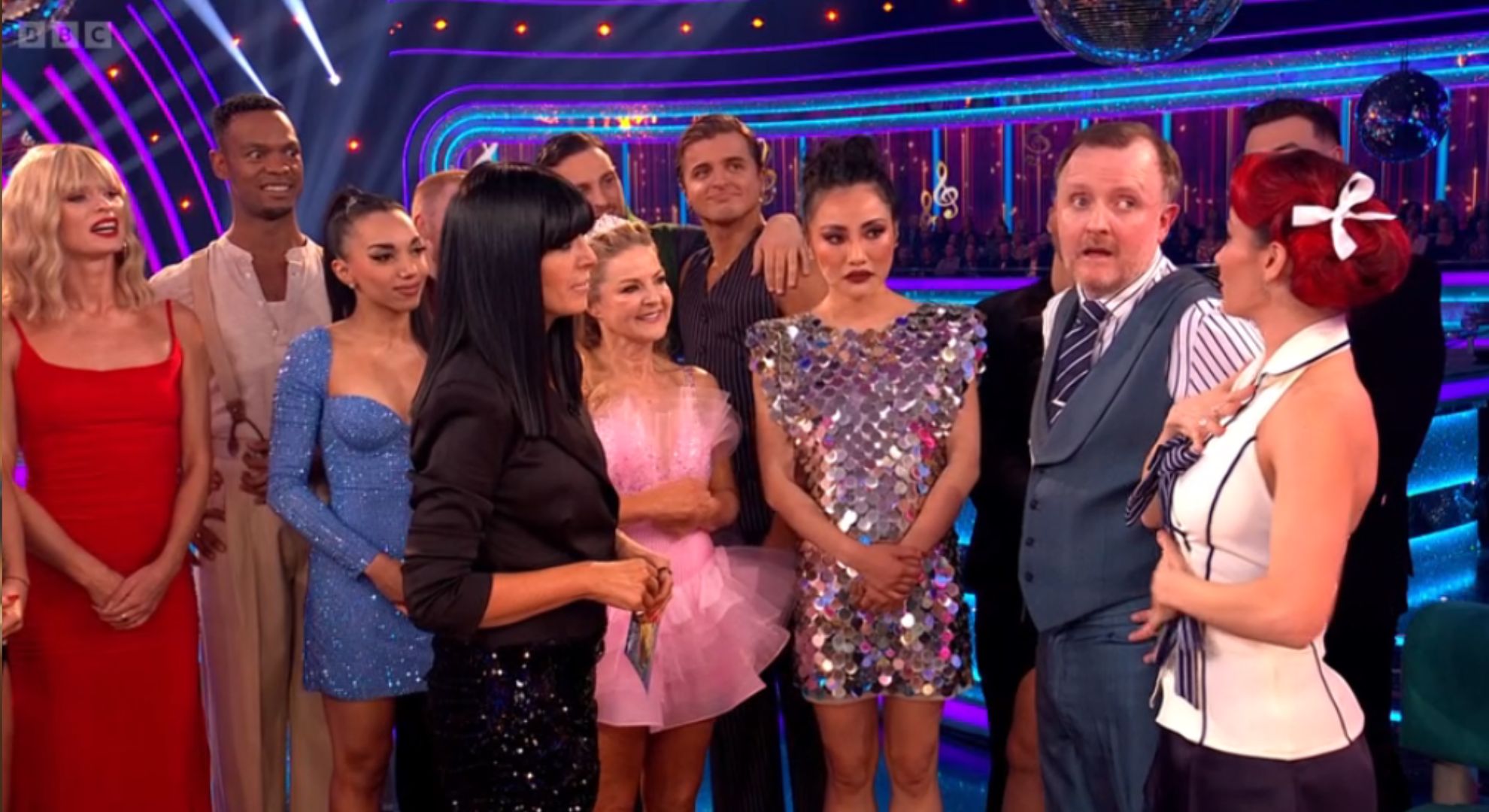 Dianne Buswell and Chris McCausland speaking to Claudia Winkleman on Strictly