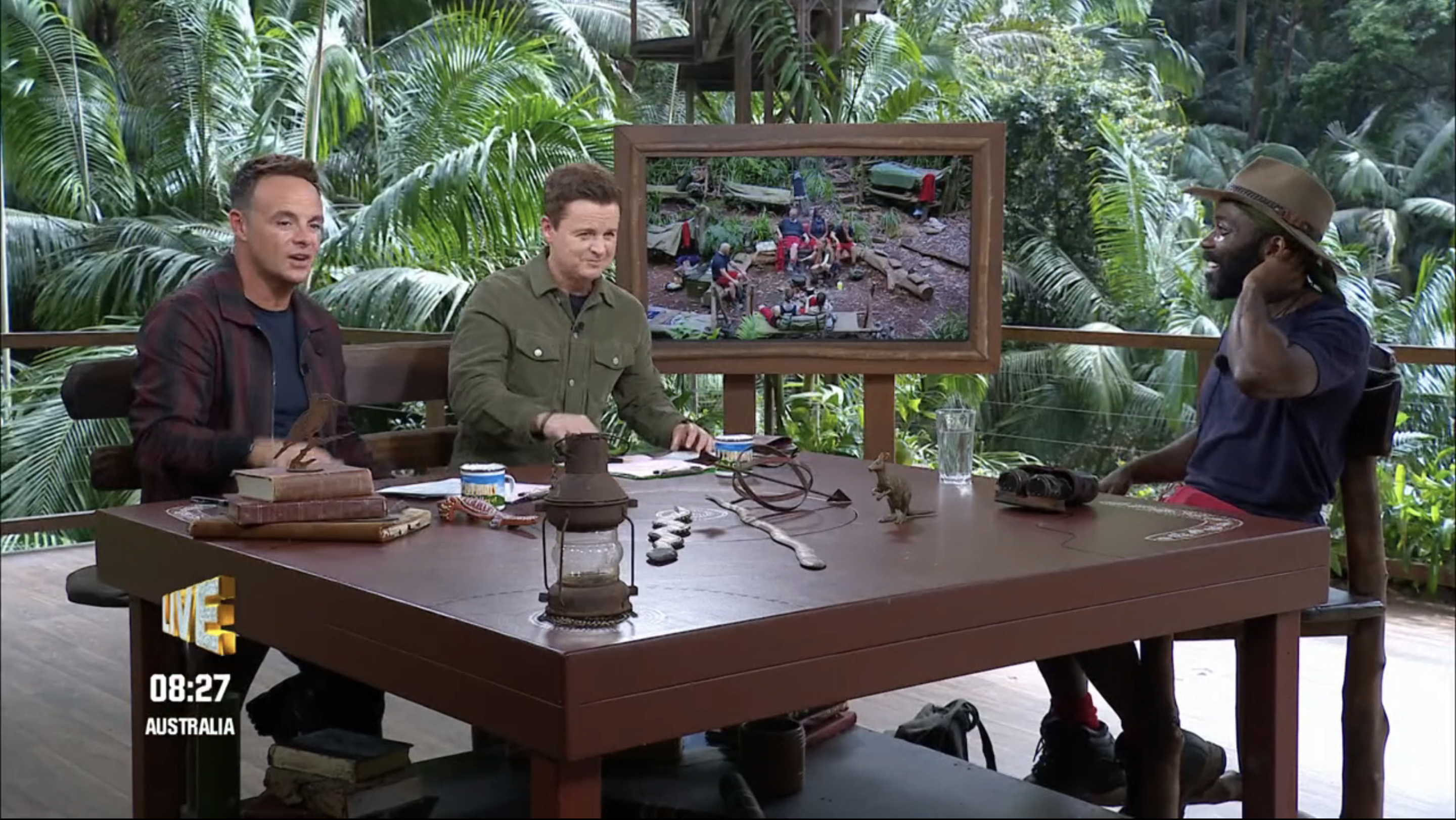 Ant, Dec and Melvin Odoom in the I'm A Celebrity studio