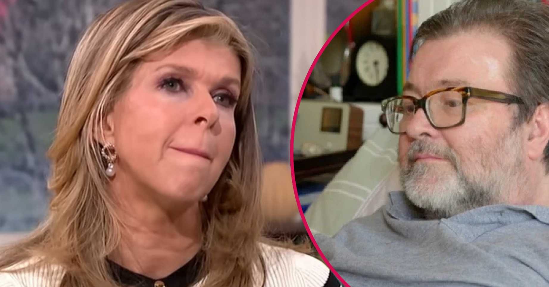 Kate Garraway looking concerned and Derek inset