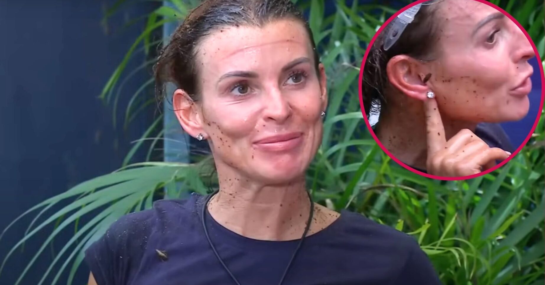 Coleen Rooney talking to Ant and Dec after having a bug removed from her ear. Inside the circle - Coleen pointing at a critter that jumped out of her ear
