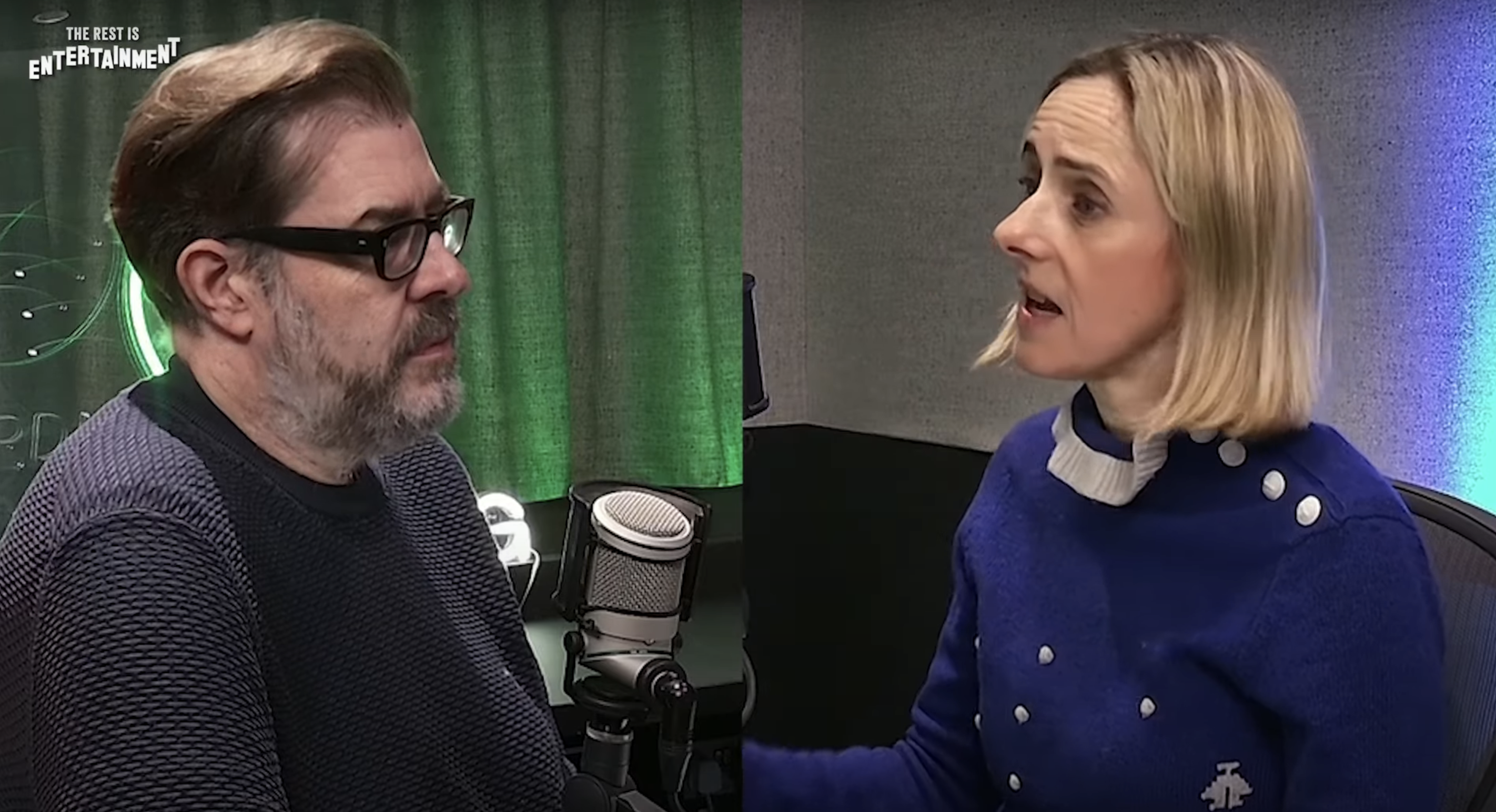 Richard Osman and Marina Hyde split screen as they record their podcast in the studio