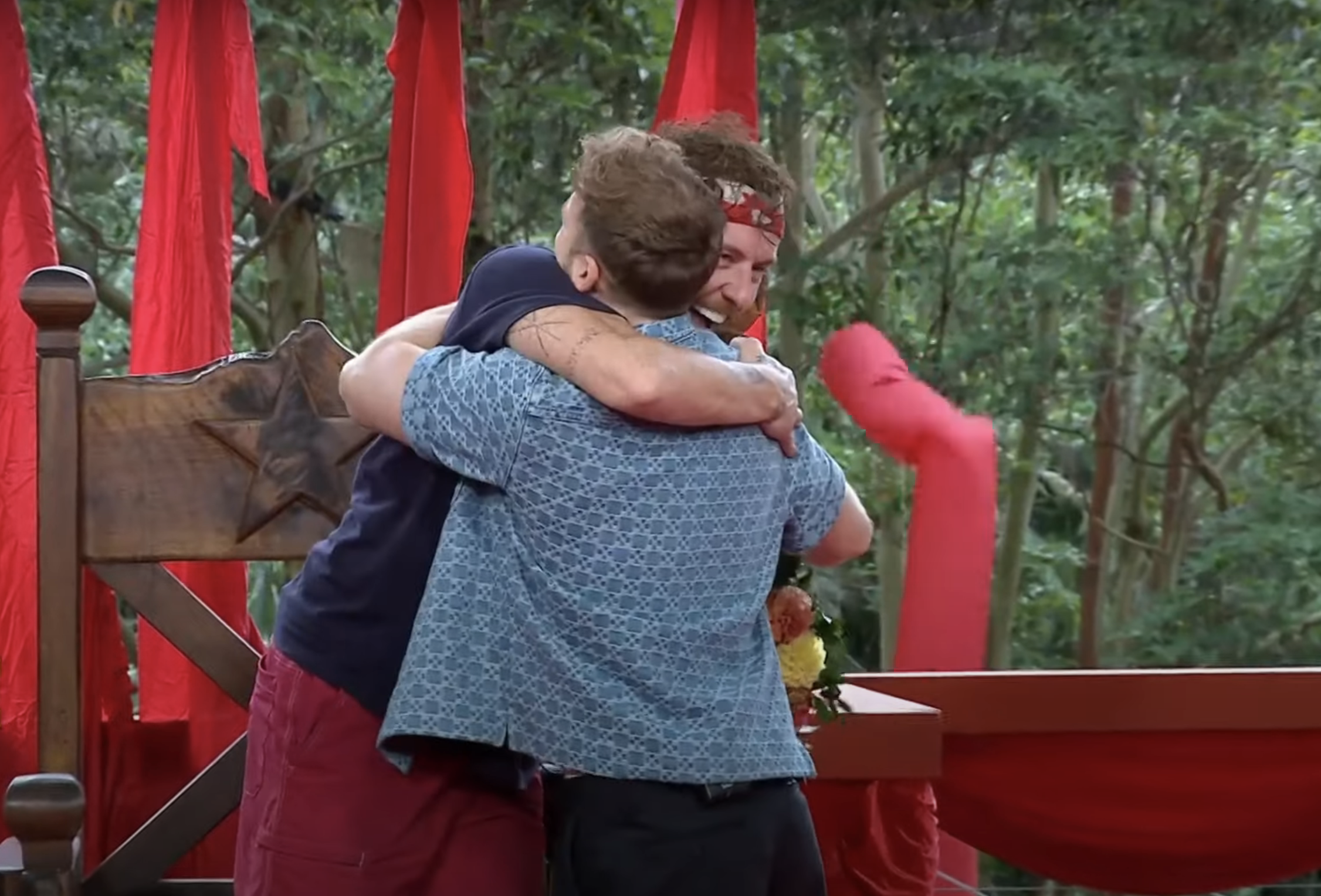 Danny Jones embraces former I'm A Celebrity King of the Jungle Sam Thompson after winning the title himself